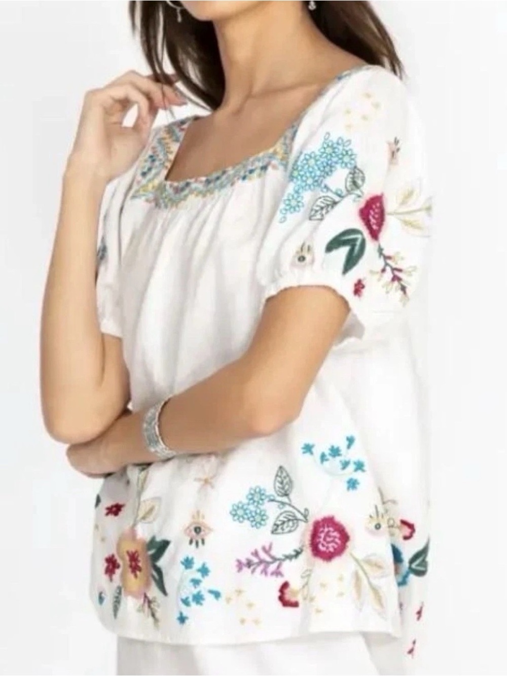 Johnny Was Martine Wander Top L White Linen Boho Embroidered Women's size Large